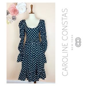 New! CAROLINE CONSTAS Puff Sleeve Polka Dot Ruffle Midi Dress